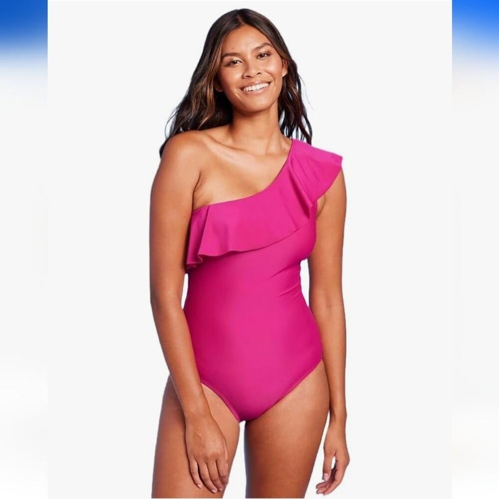 Kona Sol Womens Sz L 12/14 One Shoulder Swimwear One Piece Ruffle Pink Swimsuit